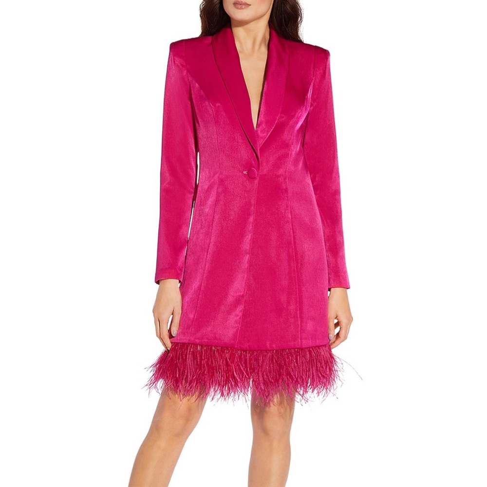 Aidan by Aidan Mattox Feather Embellished Tuxedo Dress in Bright Rose